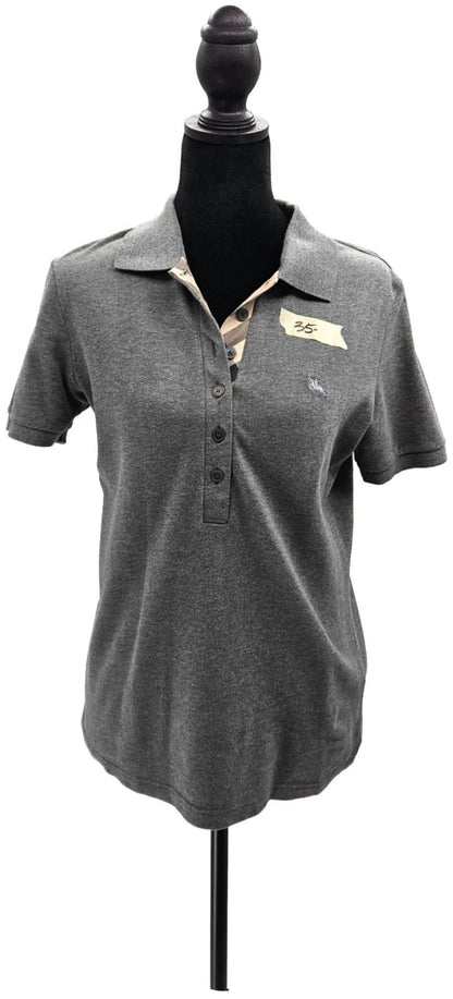 Burberry London Grey Melange Nova Check Placket Polo Shirt Women's M Stretch1