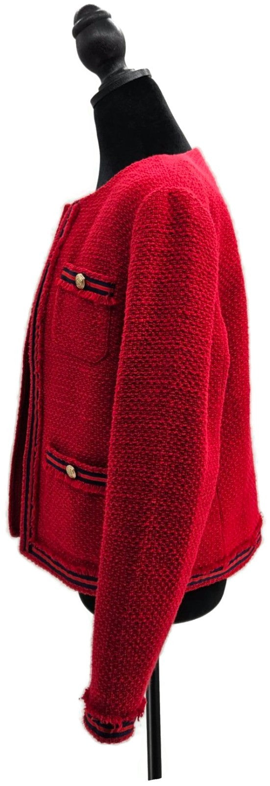 Talbots Women's Red Cotton Tweed Jacket Black Trim Patch Pockets Size 6 NWT2