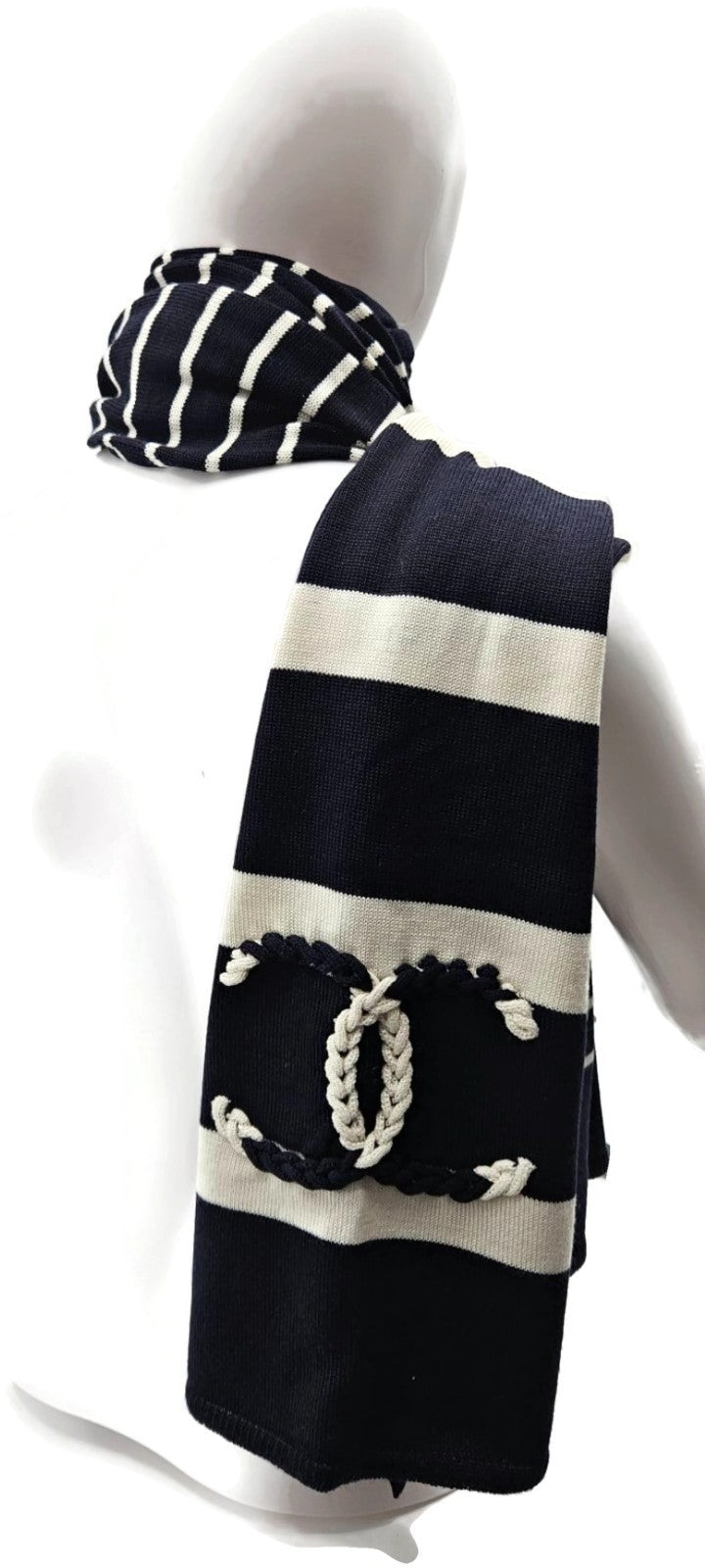 Chanel 19C Cruise Navy Ivory CC Logo Wool Silk Cashmere Scarf AA1058 X124035