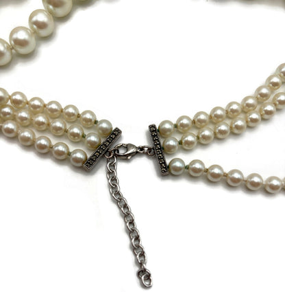 925 Marked 3 Strand Cream Pearl-Look Choker Necklace Oval Centerpiece 16in8