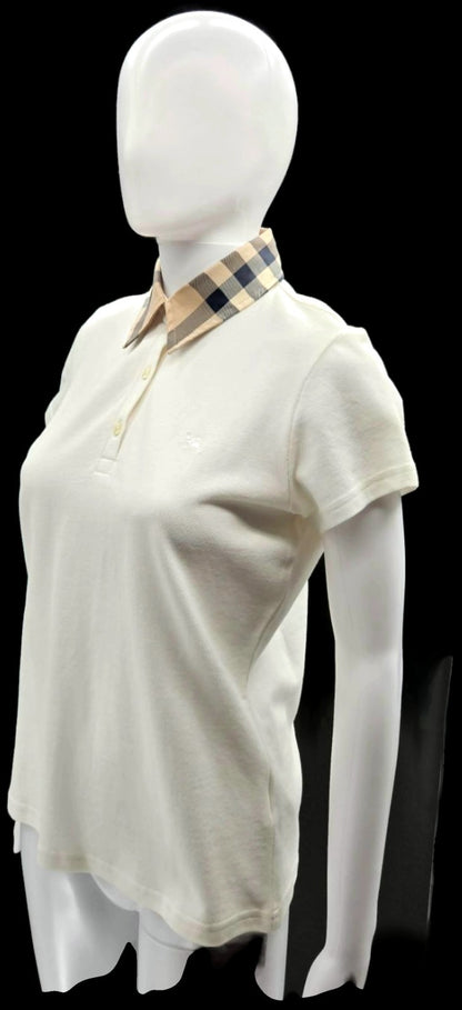 Burberry White Check Collar Short Sleeve Polo Shirt Women's Medium NWT1
