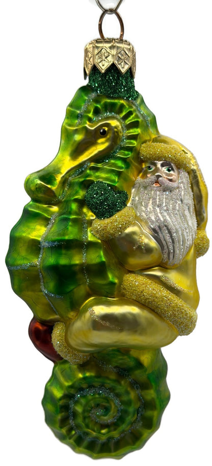 Patricia Breen Hi Ho Santa Yellow Green Seahorse Glass Christmas Ornament 99142