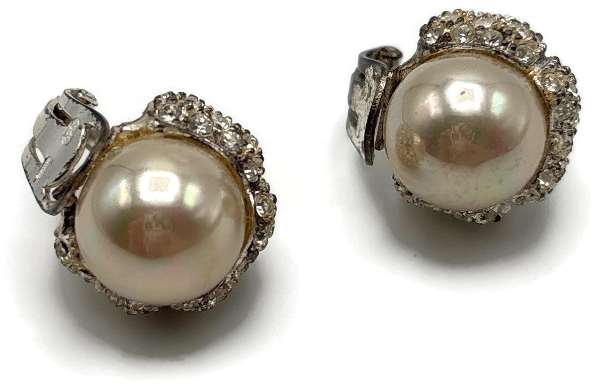 Ultima Edizione 925 Sterling Silver Pearl CZ Rhinestone Clip On Earrings Signed0