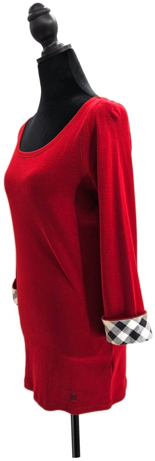 Burberry Brit Red Top Nova Check Cuff Scoop Neck 3/4 Sleeves Womens Sz Large NWT1