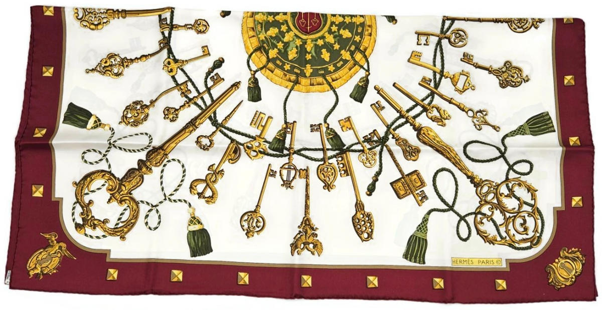 Hermes Carre 90 Silk Scarf Les Cles Caty Latham Burgundy Gold Keys Wrap w/ Box0