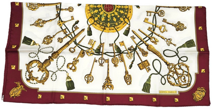 Hermes Carre 90 Silk Scarf Les Cles Caty Latham Burgundy Gold Keys Wrap w/ Box0