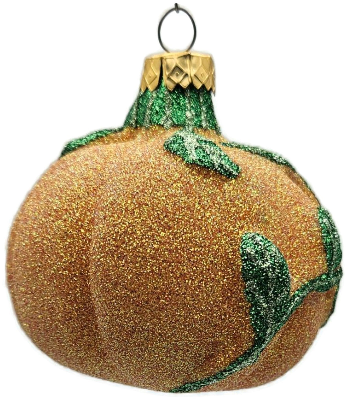 Vintage Pumpkin & Vine Orange Green Glitter Blown Glass Fall Christmas Ornament12