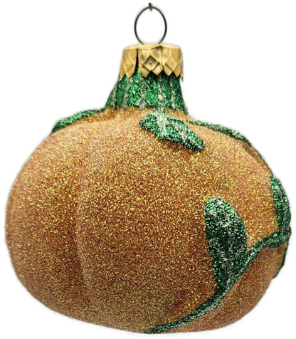 Vintage Pumpkin & Vine Orange Green Glitter Blown Glass Fall Christmas Ornament12