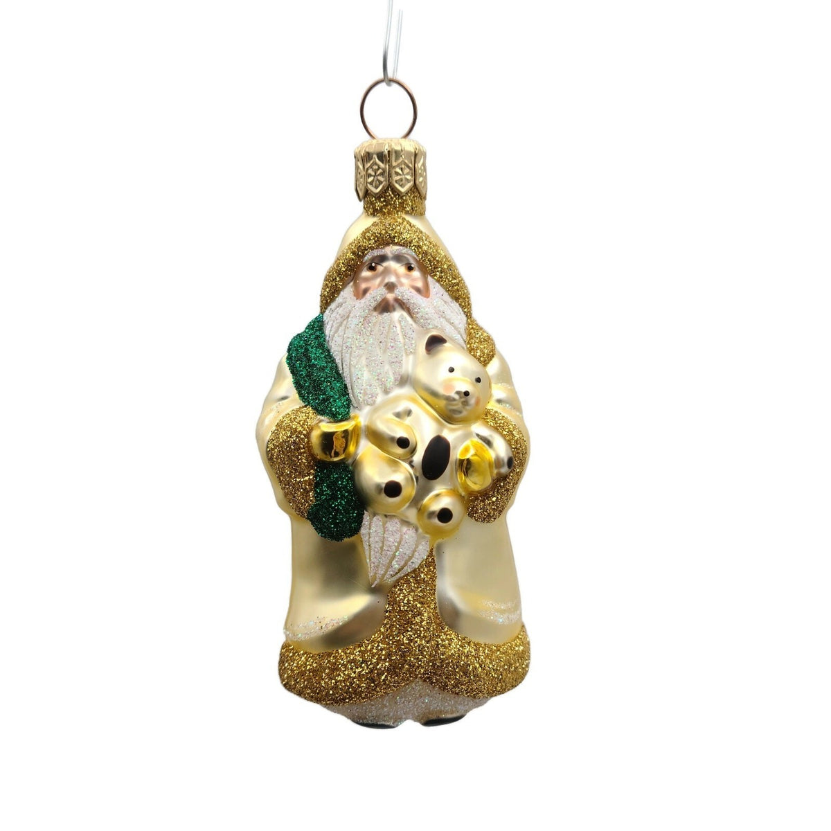 Patricia Breen Miniature Santa and Teddy Gold Green Sack Christmas Ornament 99530