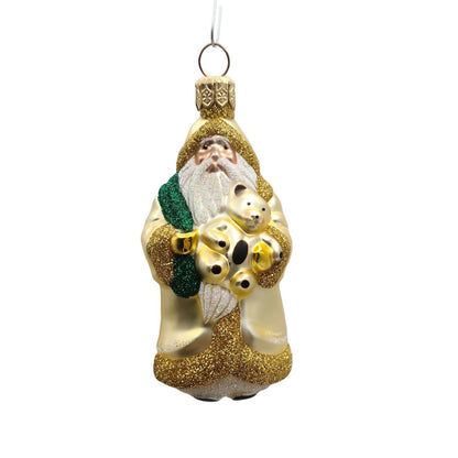 Patricia Breen Miniature Santa and Teddy Gold Green Sack Christmas Ornament 99530