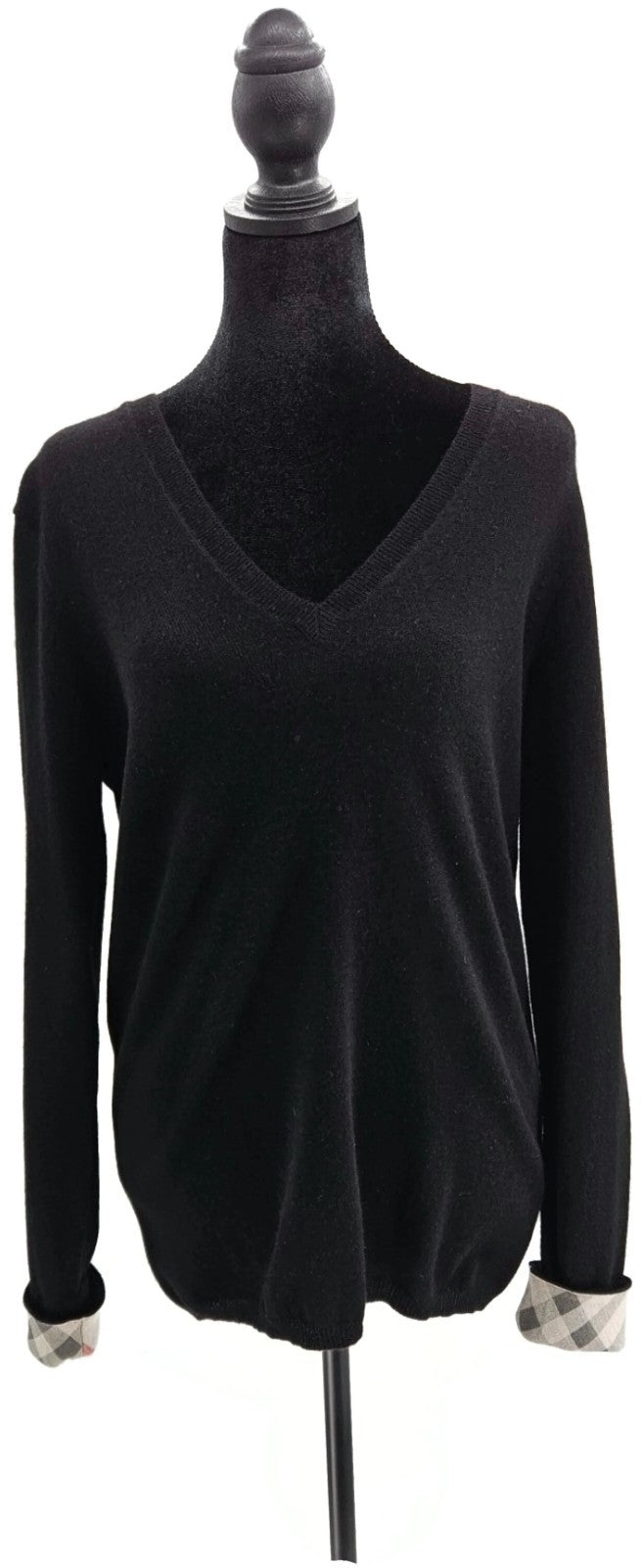 Burberry Brit Cashmere V Neck Sweater Black Plaid Check Cuff Pullover Sz Medium0