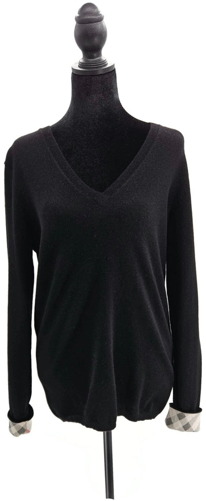 Burberry Brit Cashmere V Neck Sweater Black Plaid Check Cuff Pullover Sz Medium0