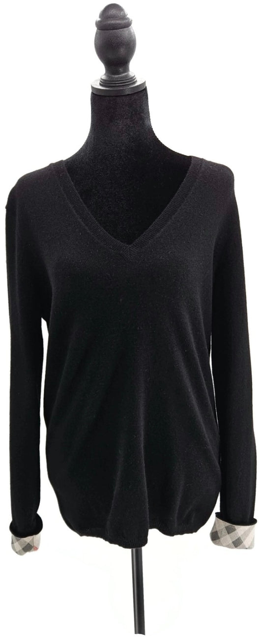 Burberry Brit Cashmere V Neck Sweater Black Plaid Check Cuff Pullover Sz Medium0