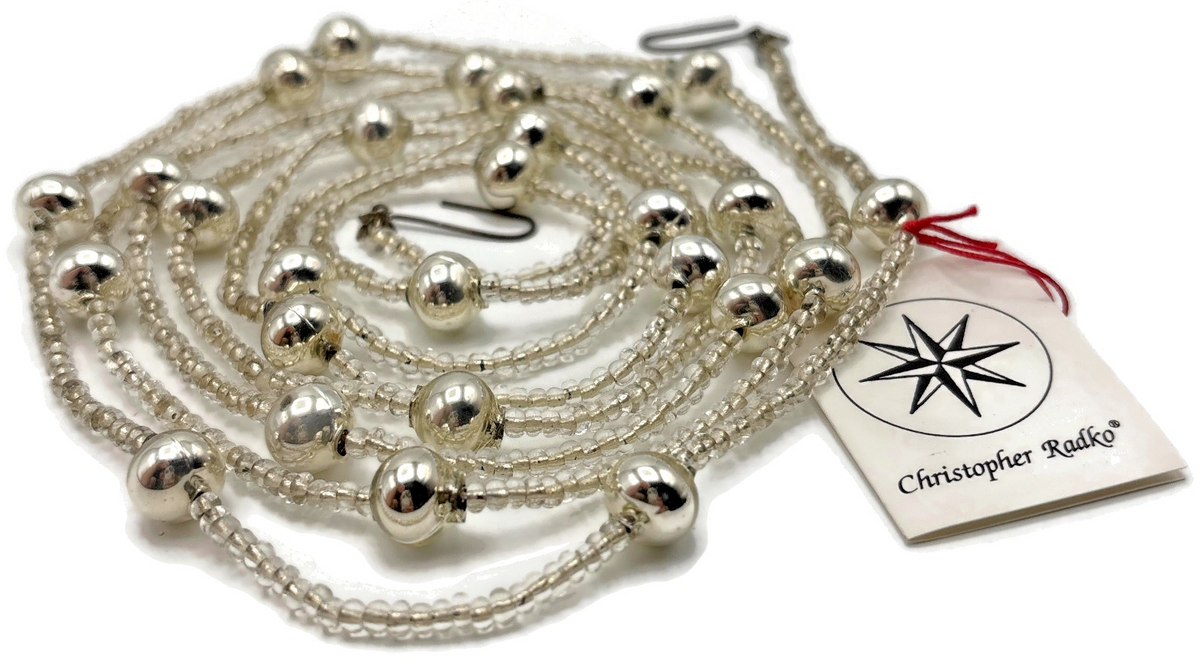 Christopher Radko Vintage Silver Mercury Glass Beaded Christmas Garland 70" Tag0