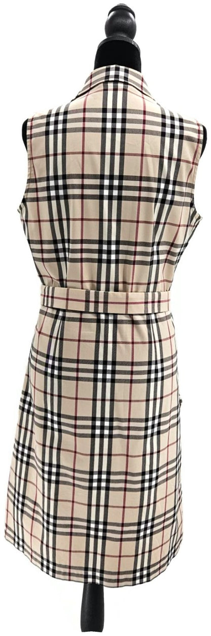 Burberry London Check  Button Up Midi Dress Beige Belted Sleeveless Women Size 84