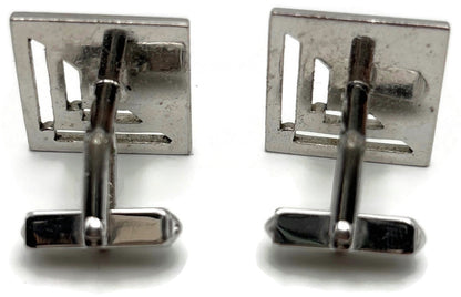 Swank Signed Men's Cuff Links Set Silver Tone Square Modernist Geometric Cutout2