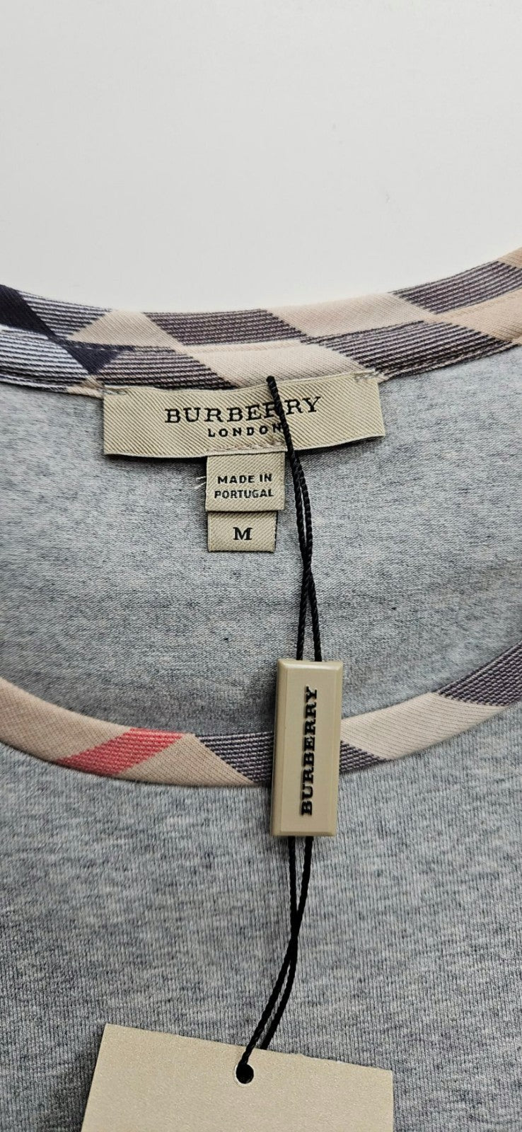 Burberry London Pale Grey Nova Check Trim Short Sleeve T Shirt Womens Medium NWT10