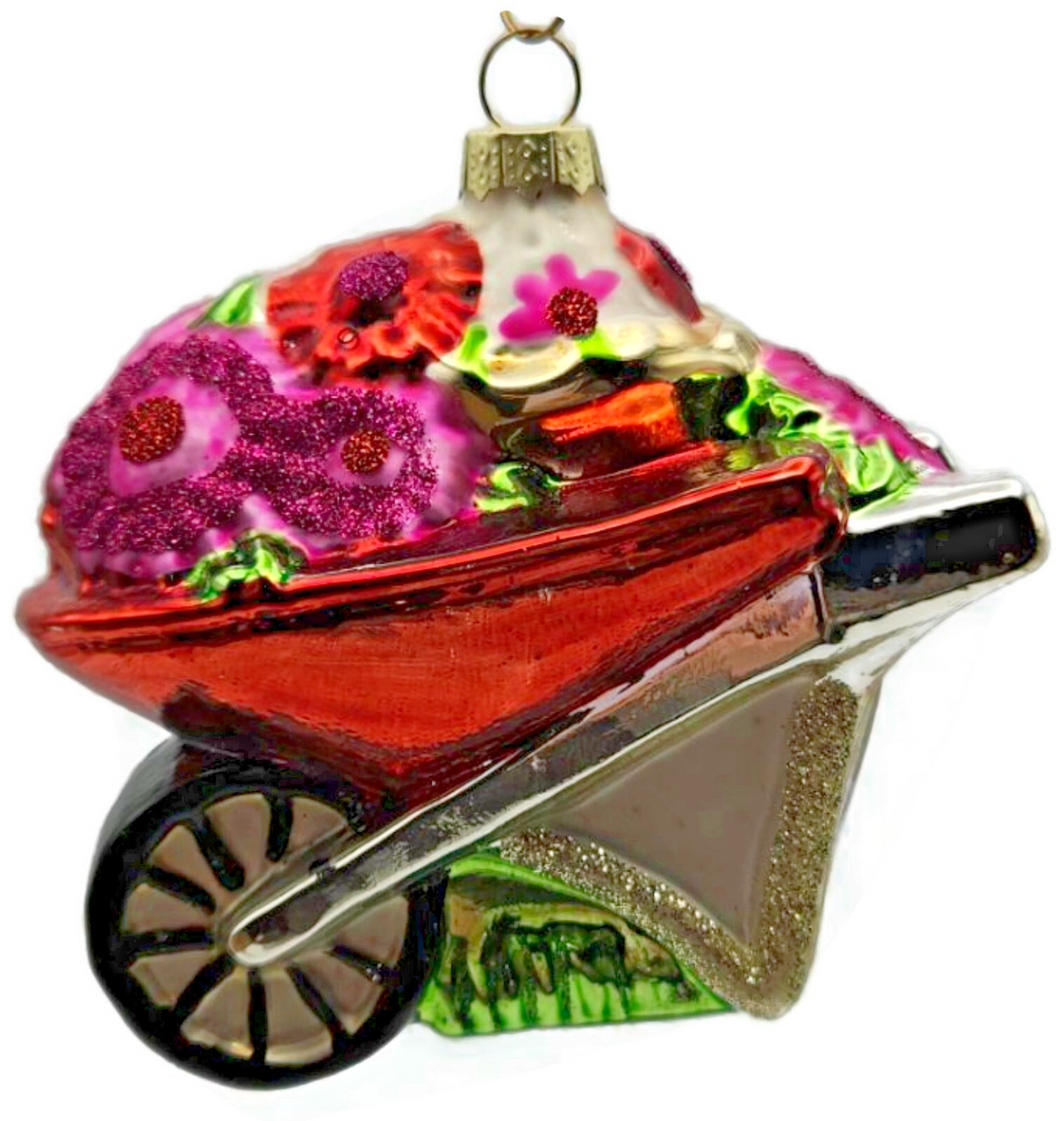 Floral Wheelbarrow Garden Flowers Blown Glass Christmas Holiday Tree Ornament1
