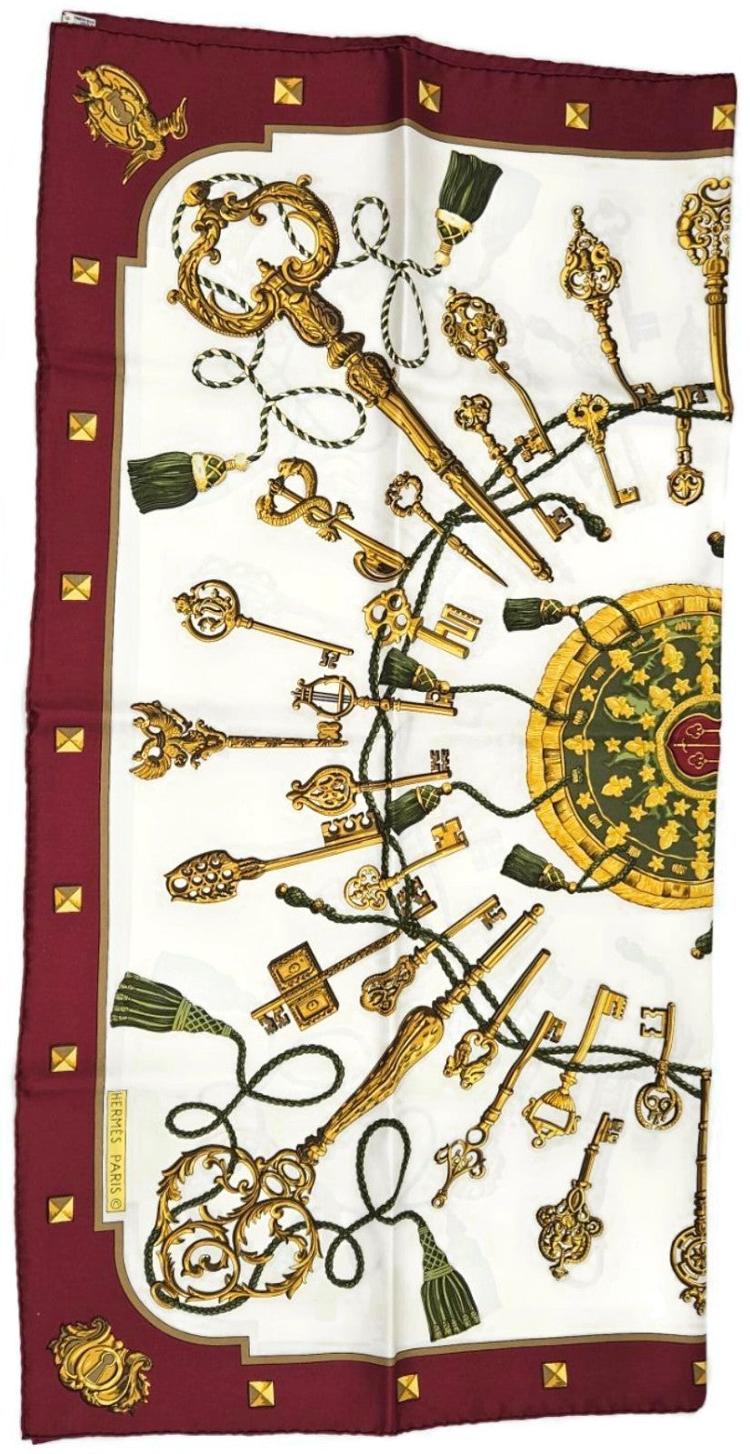 Hermes Carre 90 Silk Scarf Les Cles Caty Latham Burgundy Gold Keys Wrap w/ Box1