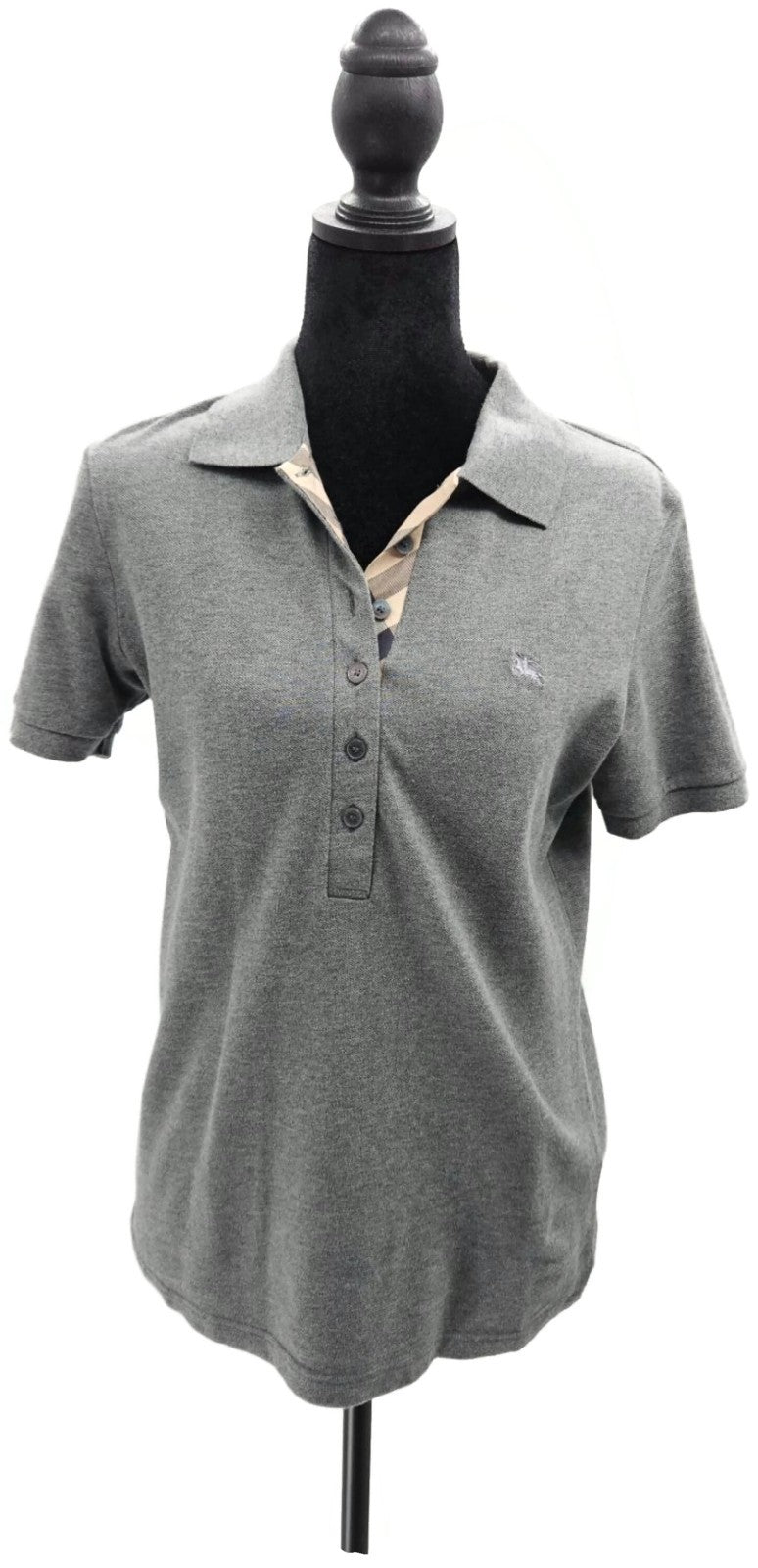 Burberry London Grey Melange Nova Check Placket Polo Shirt Women's M Stretch0