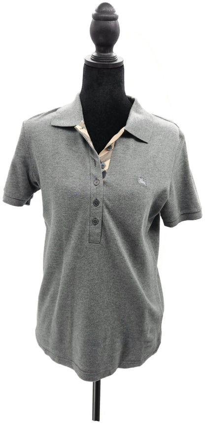 Burberry London Grey Melange Nova Check Placket Polo Shirt Women's M Stretch0