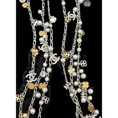 Chanel CoCo Three Strand Chain Faux Pearl Hearts Clover CC Logo Charm Necklace10