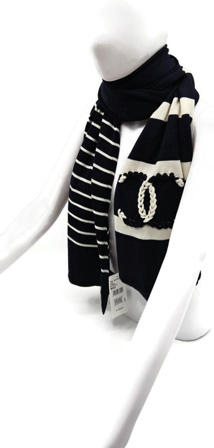 Chanel 19C Cruise Navy Ivory CC Logo Wool Silk Cashmere Scarf AA1058 X124033