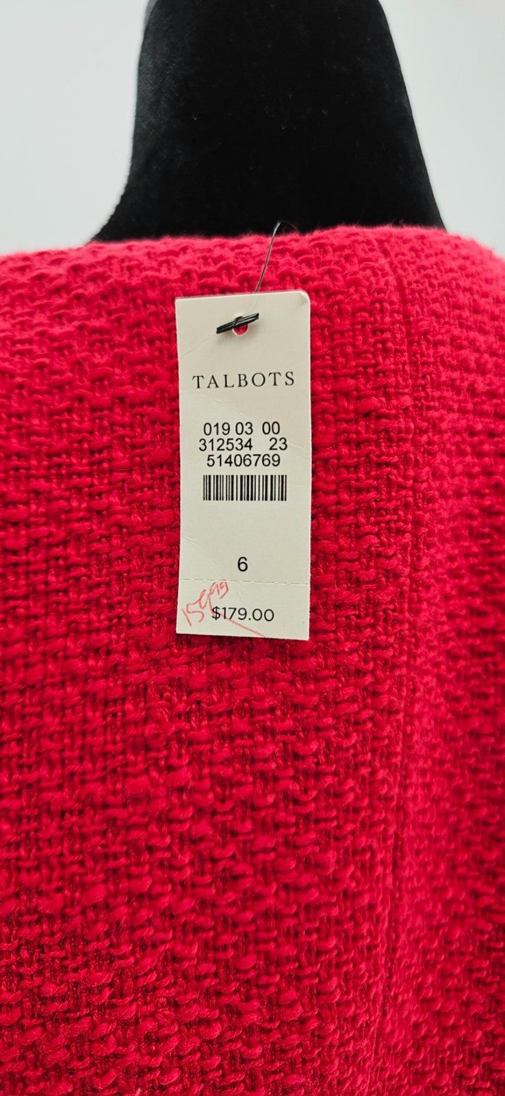 Talbots Women's Red Cotton Tweed Jacket Black Trim Patch Pockets Size 6 NWT8