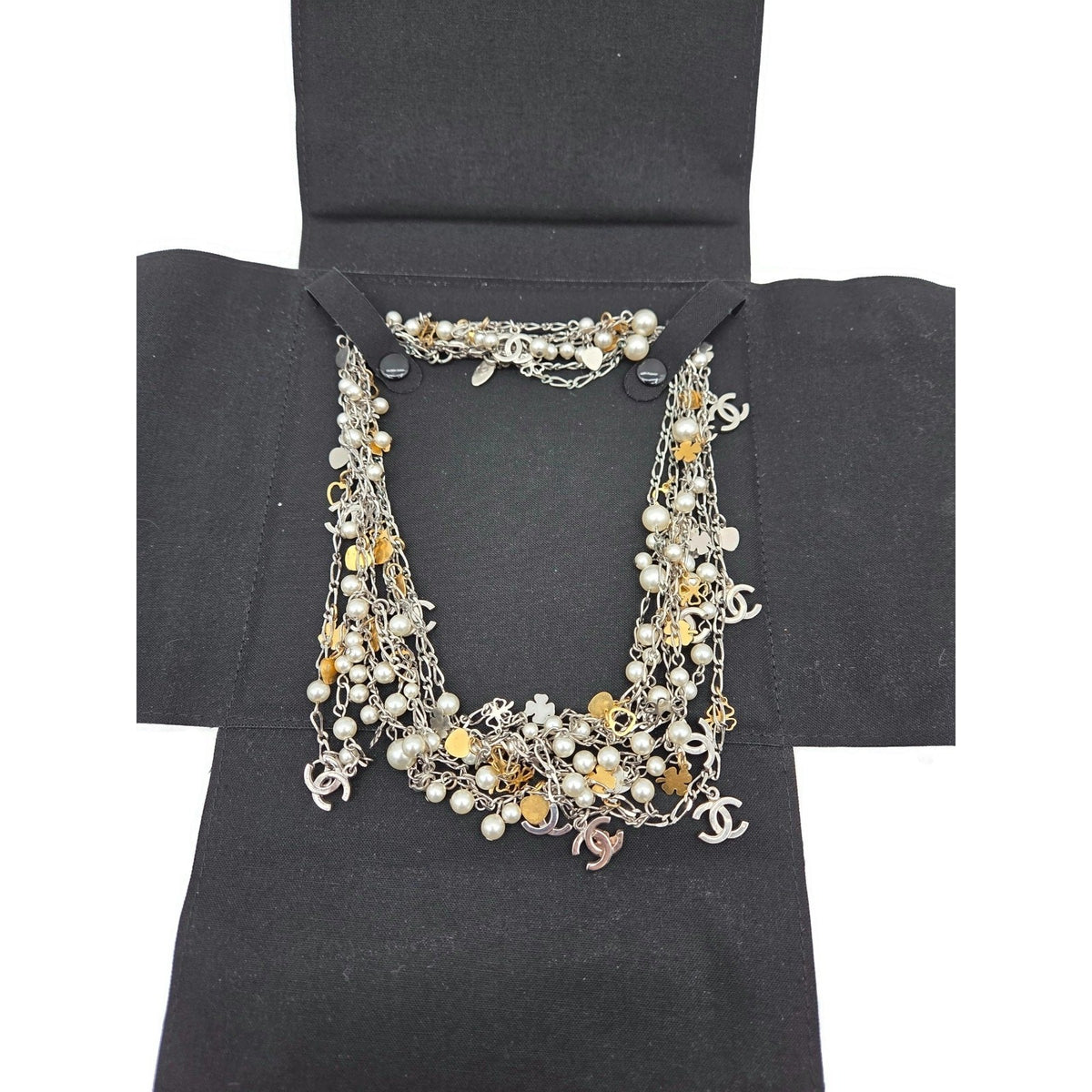 Chanel CoCo Three Strand Chain Faux Pearl Hearts Clover CC Logo Charm Necklace12