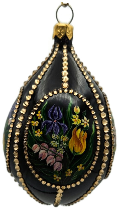 Patricia Breen Medium Egg Spring 1610 Jeweled Black Floral Easter Ornament 33145
