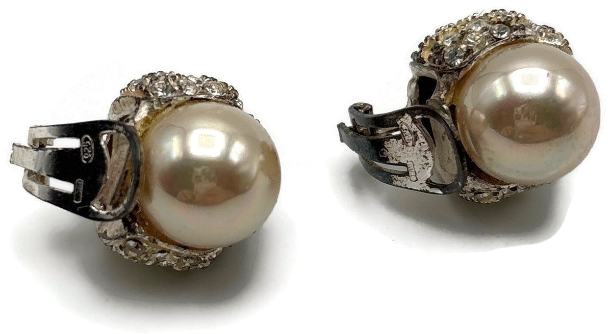 Ultima Edizione 925 Sterling Silver Pearl CZ Rhinestone Clip On Earrings Signed7