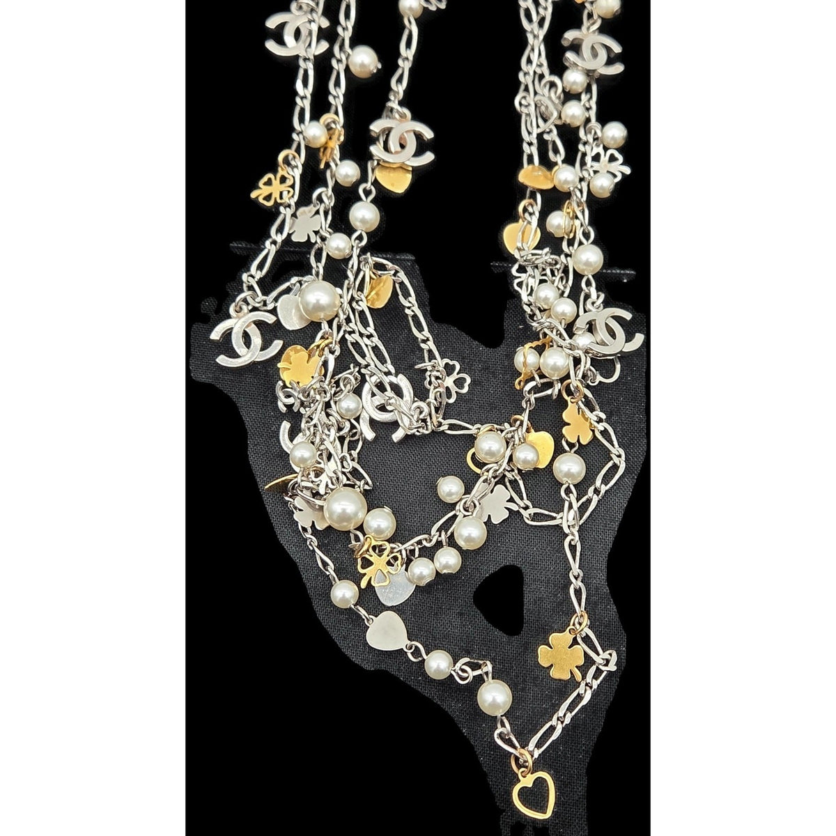 Chanel CoCo Three Strand Chain Faux Pearl Hearts Clover CC Logo Charm Necklace11