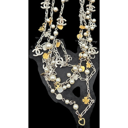 Chanel CoCo Three Strand Chain Faux Pearl Hearts Clover CC Logo Charm Necklace11