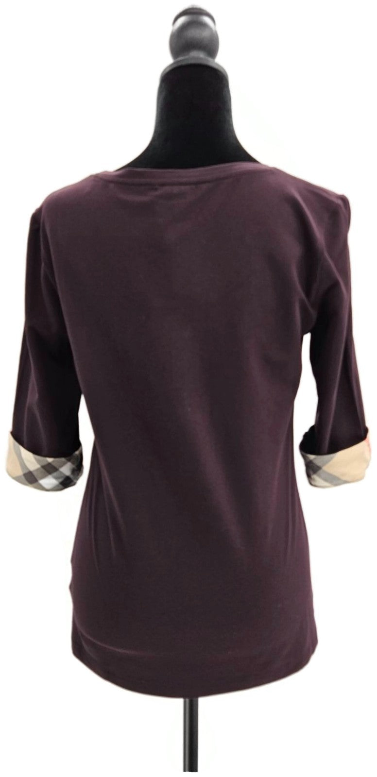 Burberry Brit Dark Black Currant Check Cuff Scoop Neck Top Medium NWT4