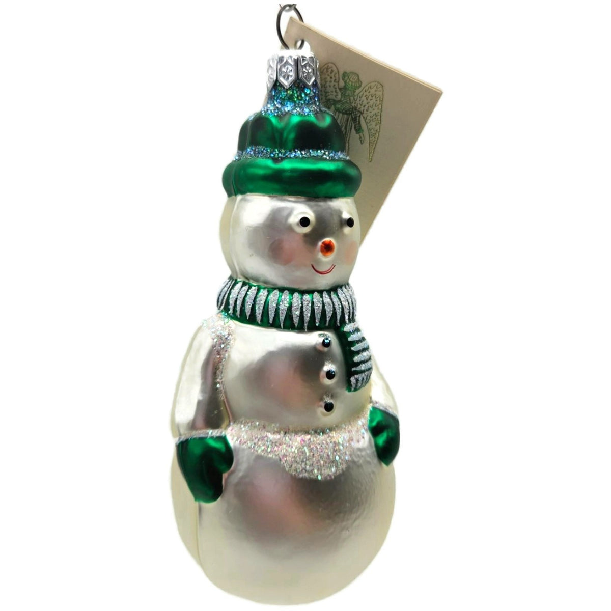 Patricia Breen Snowman Green Pearl White Striped Glass Christmas Ornament 95231