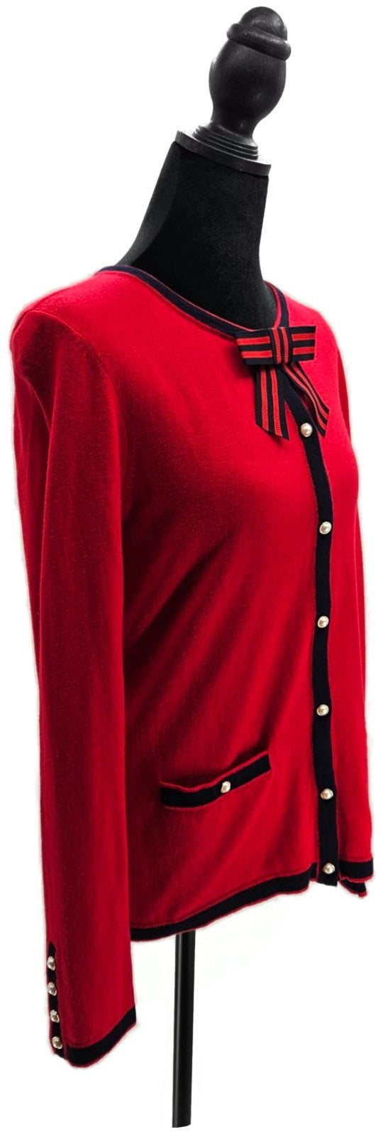 Talbots Women's Red Navy Bow Pearl Button Cashmere Blend Cardigan Sweater S NWT7