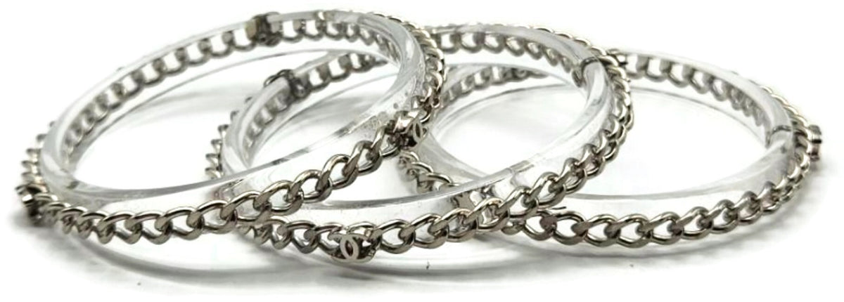 CHANEL Clear Acrylic Silver Chain Bangle Bracelet Set of 3 CC Logo Made in Italy5