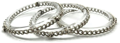 CHANEL Clear Acrylic Silver Chain Bangle Bracelet Set of 3 CC Logo Made in Italy5