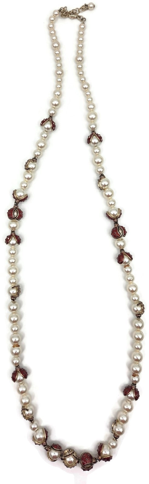 Chanel 18P Ladybug Faux Pearl Red Enamel Crystal Necklace Gold Tone Box Pouch6