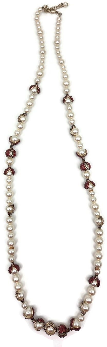 Chanel 18P Ladybug Faux Pearl Red Enamel Crystal Necklace Gold Tone Box Pouch6