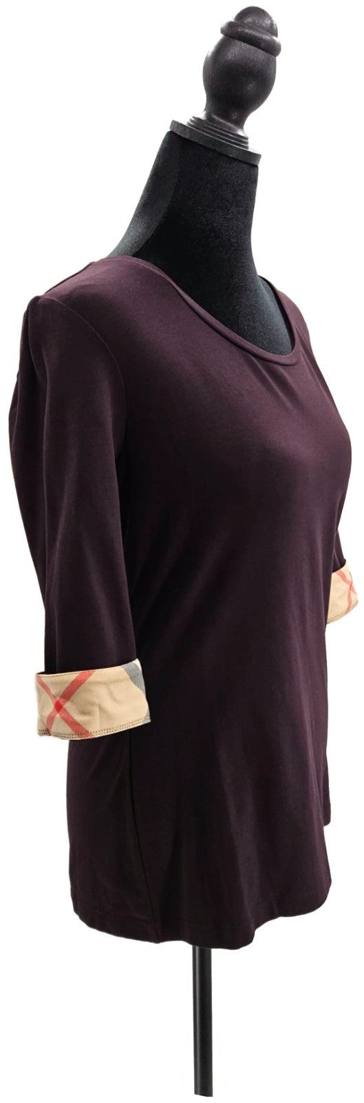 Burberry Brit Dark Black Currant Check Cuff Scoop Neck Top Medium NWT1