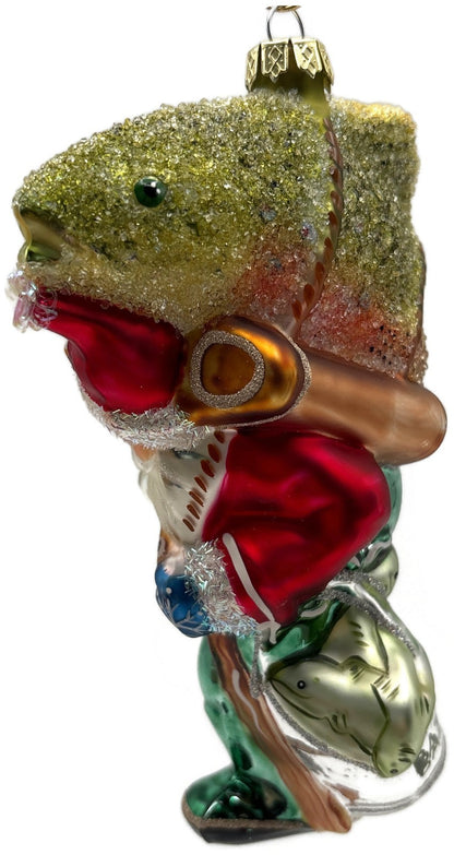 Santa Carrying Giant Rainbow Trout Glass Christmas Ornament Fishing4