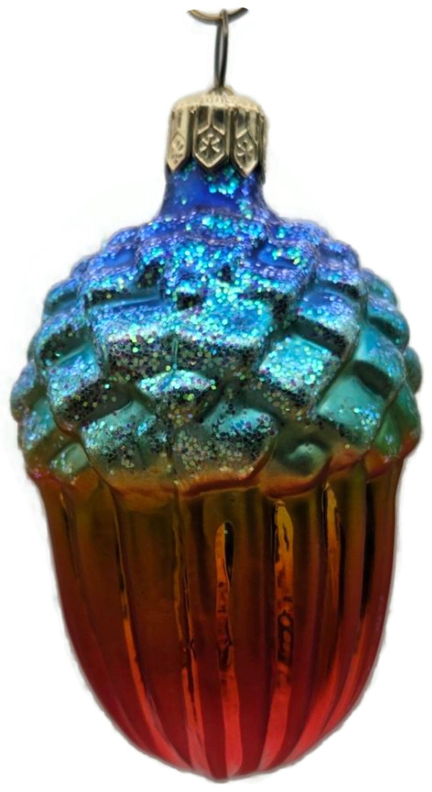 Christopher Radko Winter Acorn Blue Orange Ribbed Christmas Holiday Ornament4