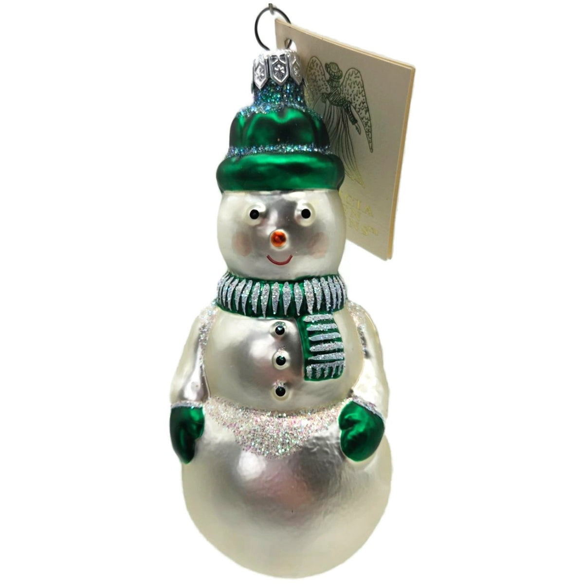 Patricia Breen Snowman Green Pearl White Striped Glass Christmas Ornament 95230