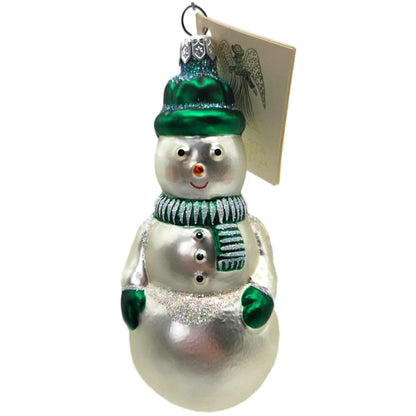 Patricia Breen Snowman Green Pearl White Striped Glass Christmas Ornament 95230