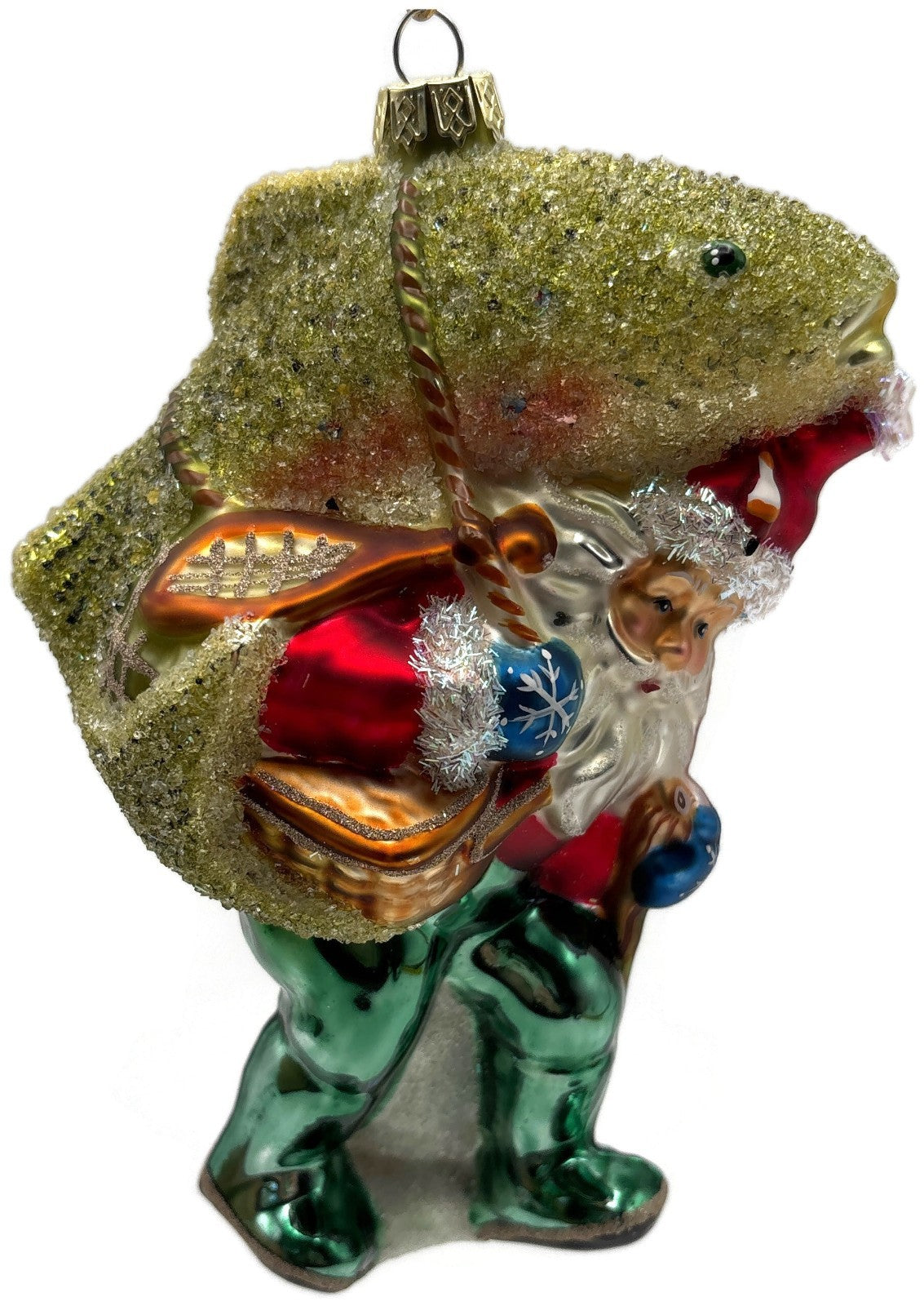 Santa Carrying Giant Rainbow Trout Glass Christmas Ornament Fishing0