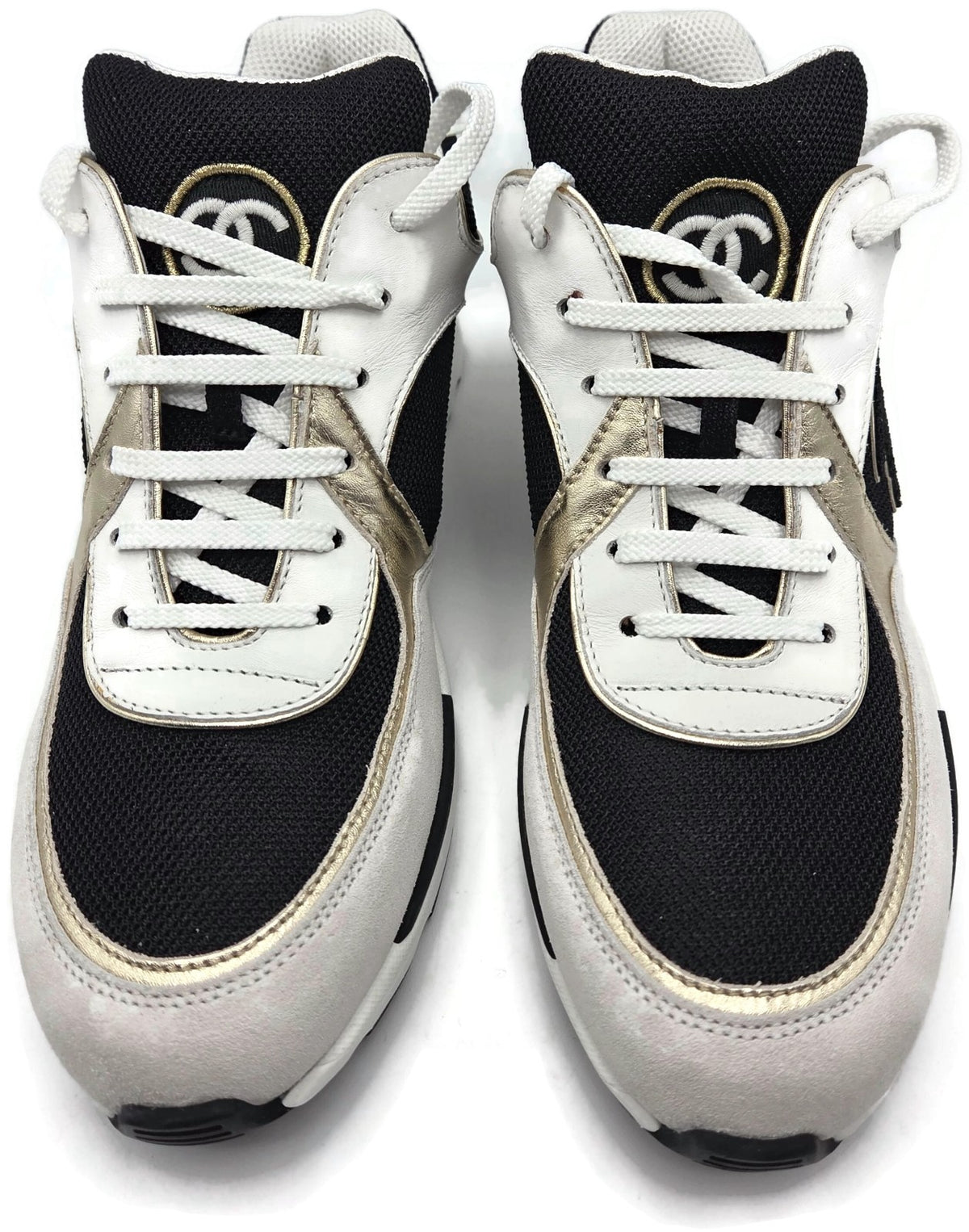 Chanel CC Low Yop Sneakers Size 40 Black White Gold Leather Tennis Shoes Rare1
