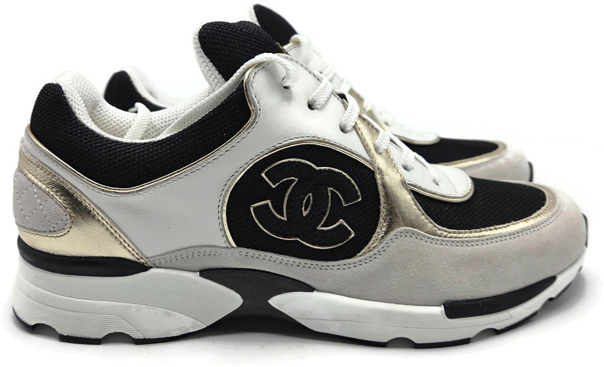 Chanel CC Low Yop Sneakers Size 40 Black White Gold Leather Tennis Shoes Rare4