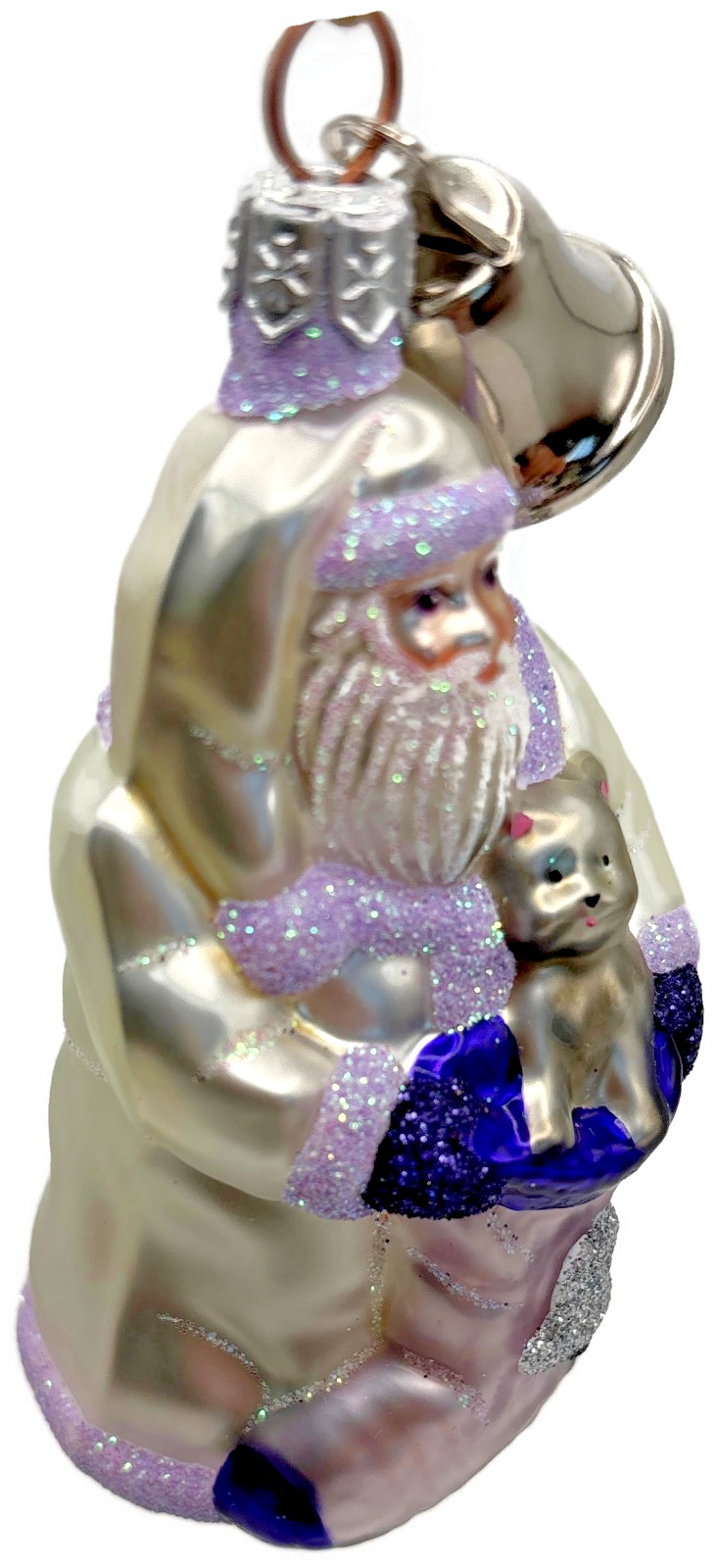 Patricia Breen Santa With Kitten Bell Lavender Glass  Christmas Ornament 2000CO6