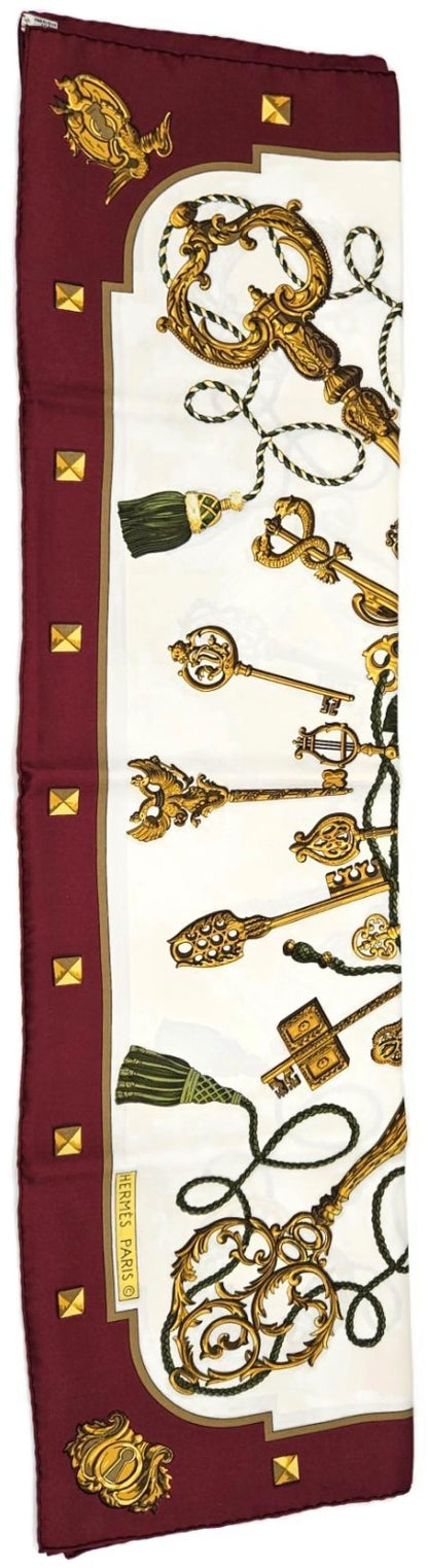 Hermes Carre 90 Silk Scarf Les Cles Caty Latham Burgundy Gold Keys Wrap w/ Box2